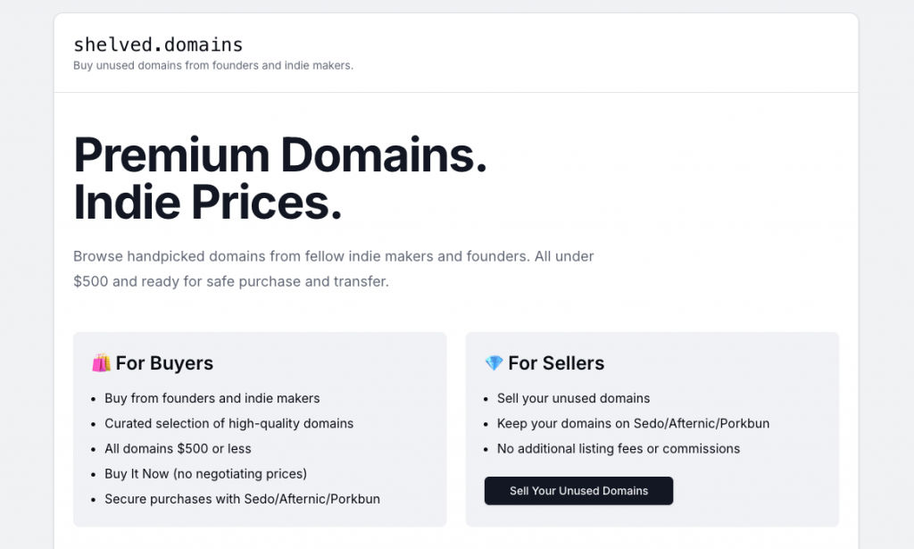 Shelved Domains-一个精心策划的域名交易市场，旨在将买家与来自独立创作者和创业者的高质量域名连接起来