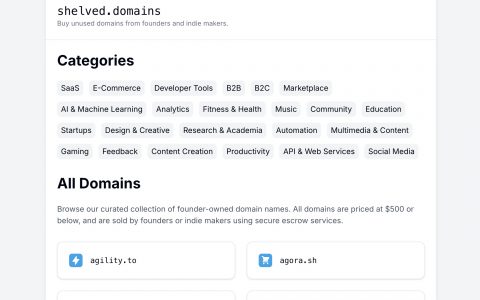 Shelved Domains-一个精心策划的域名交易市场，旨在将买家与来自独立创作者和创业者的高质量域名连接起来